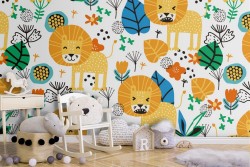 Children's wallpaper with stylized lions.