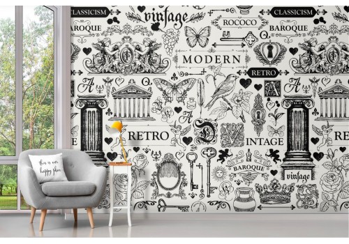 Vintage wallpaper with writings and decorations.