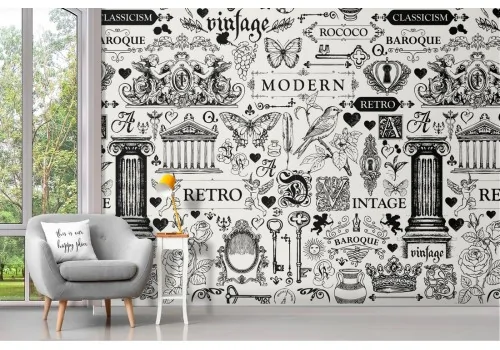 Vintage wallpaper with writings and decorations.