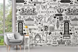 Vintage wallpaper with writings and decorations.
