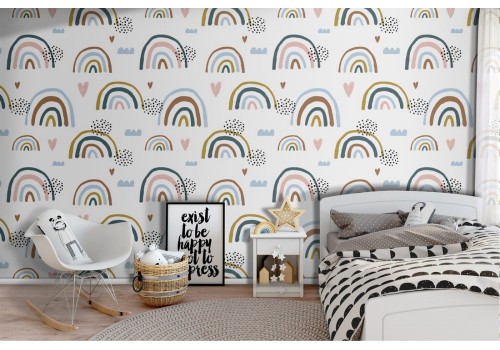 Wallpaper pattern with stylized children's rainbows.