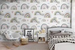 Wallpaper pattern with stylized children's rainbows.
