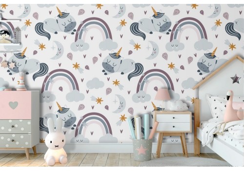 Children's wallpaper with rainbows and stars.