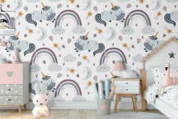 Children's wallpaper with rainbows and stars.