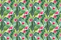 Tropical leaves and flowers wallpaper pattern.