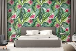 Tropical leaves and flowers wallpaper pattern.