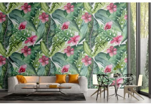 Carta da Parati Fiori Foglie Tropicale