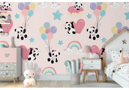 Carta da Parati bambini panda arcobaleni e cuori.