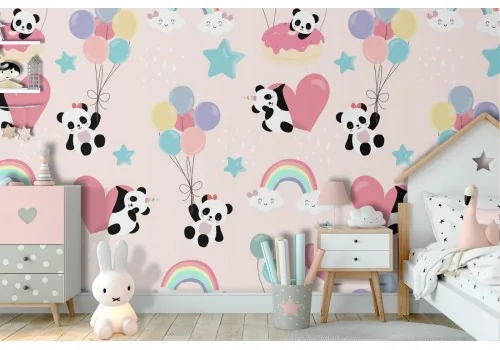 Wallpaper with pandas, rainbows and hearts for children.