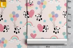 Carta da Parati bambini panda arcobaleni e cuori.