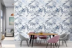 Carta da Parati decorazione foglie blu natura.