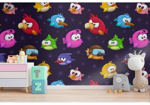 Wallpaper with birds drawn cartoons for children.