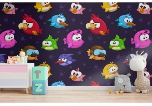 Wallpaper with drawn birds cartoons for children.
