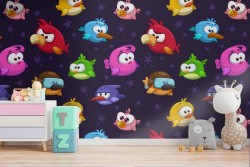 Wallpaper with birds drawn cartoons for children.