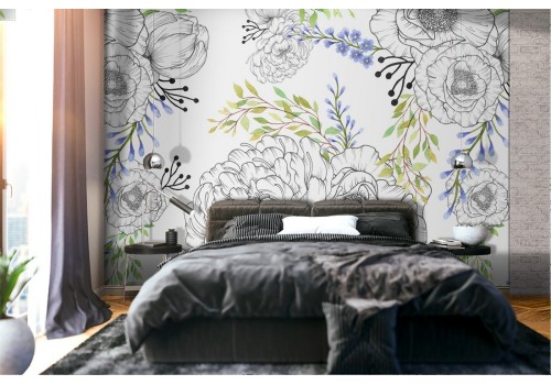 Wallpaper with stylized flowers and leaves pattern.