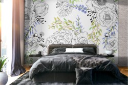 Wallpaper with stylized flowers and leaves pattern.