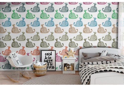Children's wallpaper pattern with stylized whales.