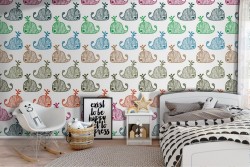 Children's wallpaper pattern with stylized whales.