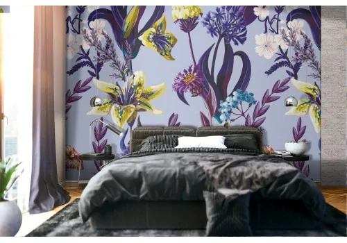 Wallpaper pattern with yellow and purple flowers.