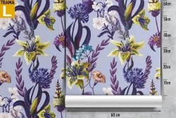 Wallpaper pattern with yellow and purple flowers.