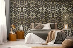 Wallpaper with stylized geometric flower pattern.