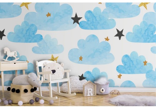 Wallpaper pattern clouds and stars for children.