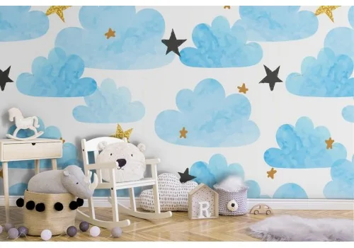 Wallpaper pattern clouds and stars for children.