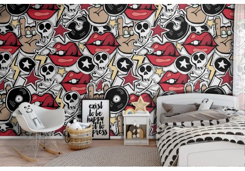 Stylized rock and roll pattern wallpaper.