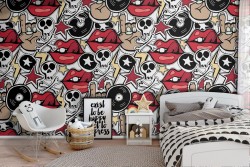 Stylized rock and roll pattern wallpaper.