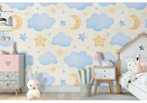 Carta da Parati bambini decorazione nuvole e luna.