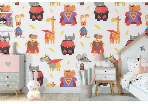 Carta da Parati decorazione bambini animali supereroi.