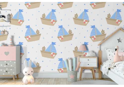 Children's wallpaper with stylized ships.