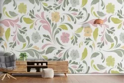 Vintage wallpaper pattern with leaves and flowers.