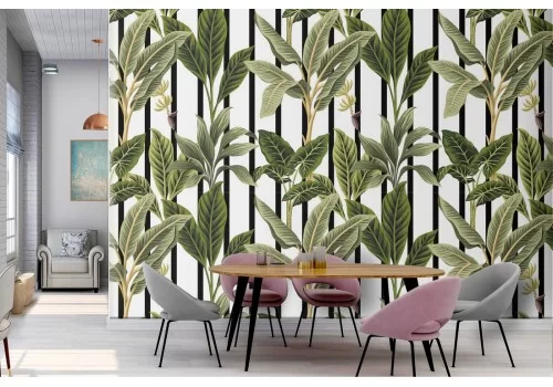 Carta da Parati foglie tropicali e righe pattern.