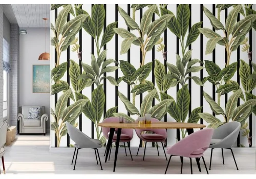 Tropical leaves and stripes pattern wallpaper.
