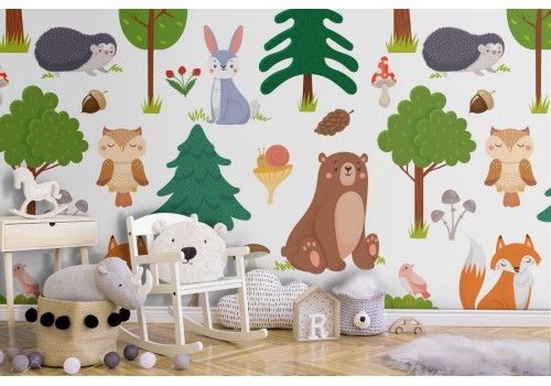 Children's wallpaper designs of forest and animals.