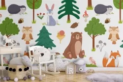 Carta da Parati bambini disegni foresta e animali.