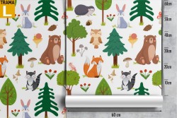 Children's wallpaper designs of forest and animals.