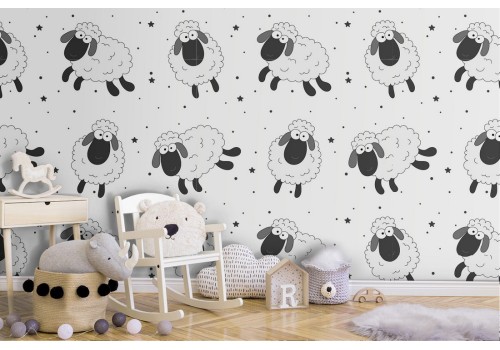 Children's wallpaper with sheep animals.