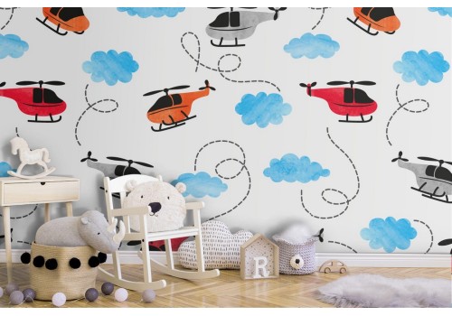 Children's wallpaper with helicopter pattern.