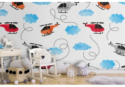 Children's wallpaper with helicopter pattern.