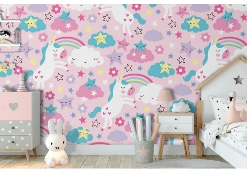 Children's wallpaper unicorns rainbows pattern.