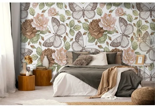 Wallpaper butterflies and flowers vintage pattern.