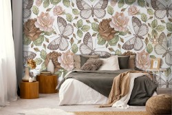 Carta da Parati farfalle e fiori pattern vintage.