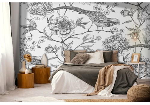 Wallpaper pattern nature flowers and birds.