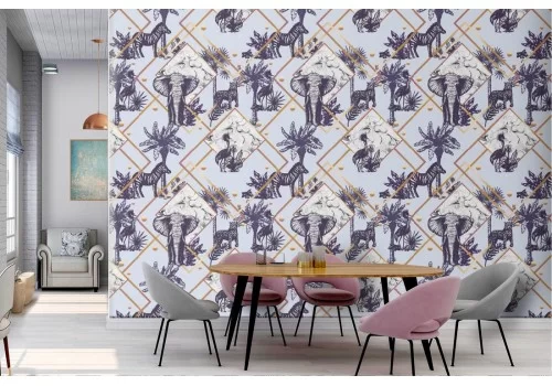 Carta da Parati animali tropicali e forme geometriche.