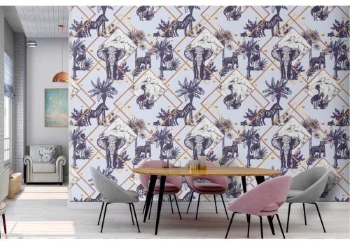 Tropical animals and geometric shapes wallpaper.