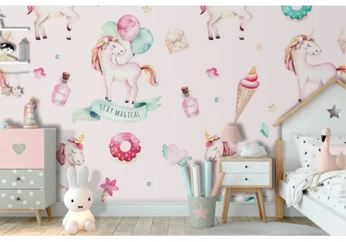 Children's wallpaper with unicorns and sweets pattern.