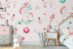 Kids' wallpaper with unicorns and sweet pattern.