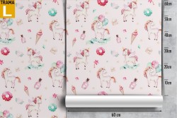 Kids' wallpaper with unicorns and sweet pattern.